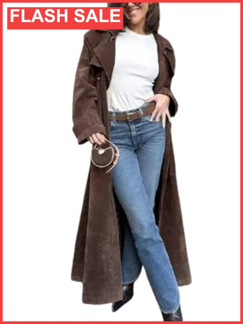 Faux Suede Long Trench Coat Notched Lapel Double Breasted Pea Coat with Belt